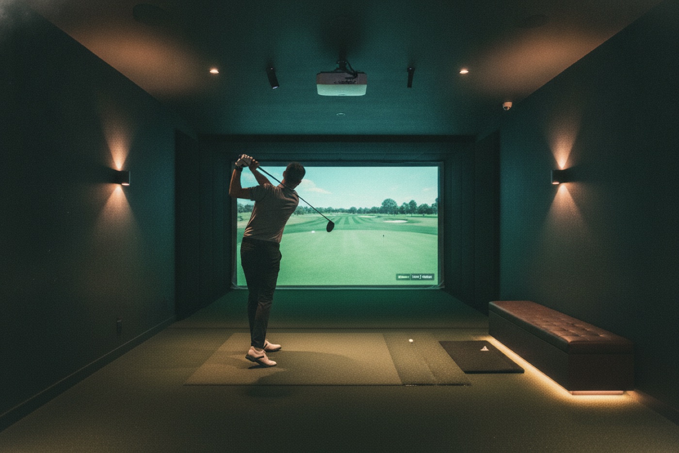 Golfer mid-swing inside a premium indoor Trackman simulator bay